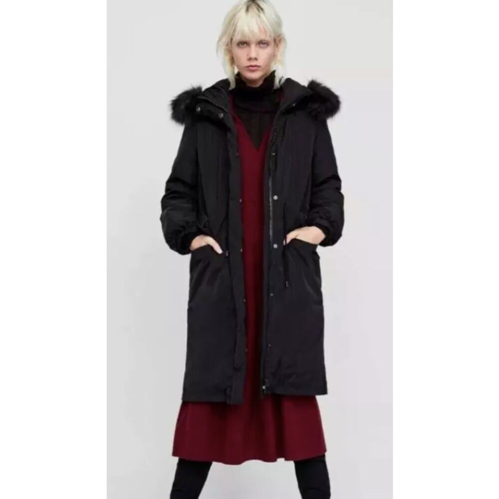NEW ZARA LONG DOWN BLACK WINTER FAUX FUR HOODED LONG COAT JACKET S NWT!